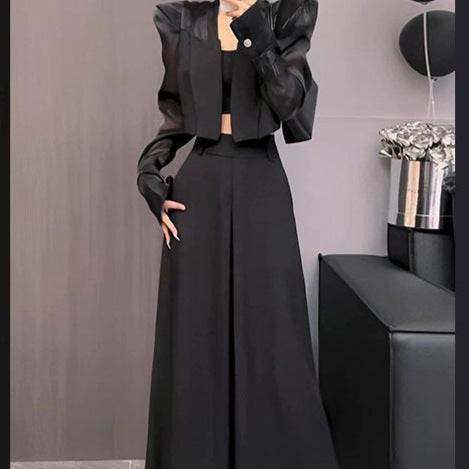 New Style Long-Sleeved Sun Protection Short Jacket for Women, Spring Fashion New High-Waisted Slimming Wide-Leg Pants and Skirt Two-Piece Set