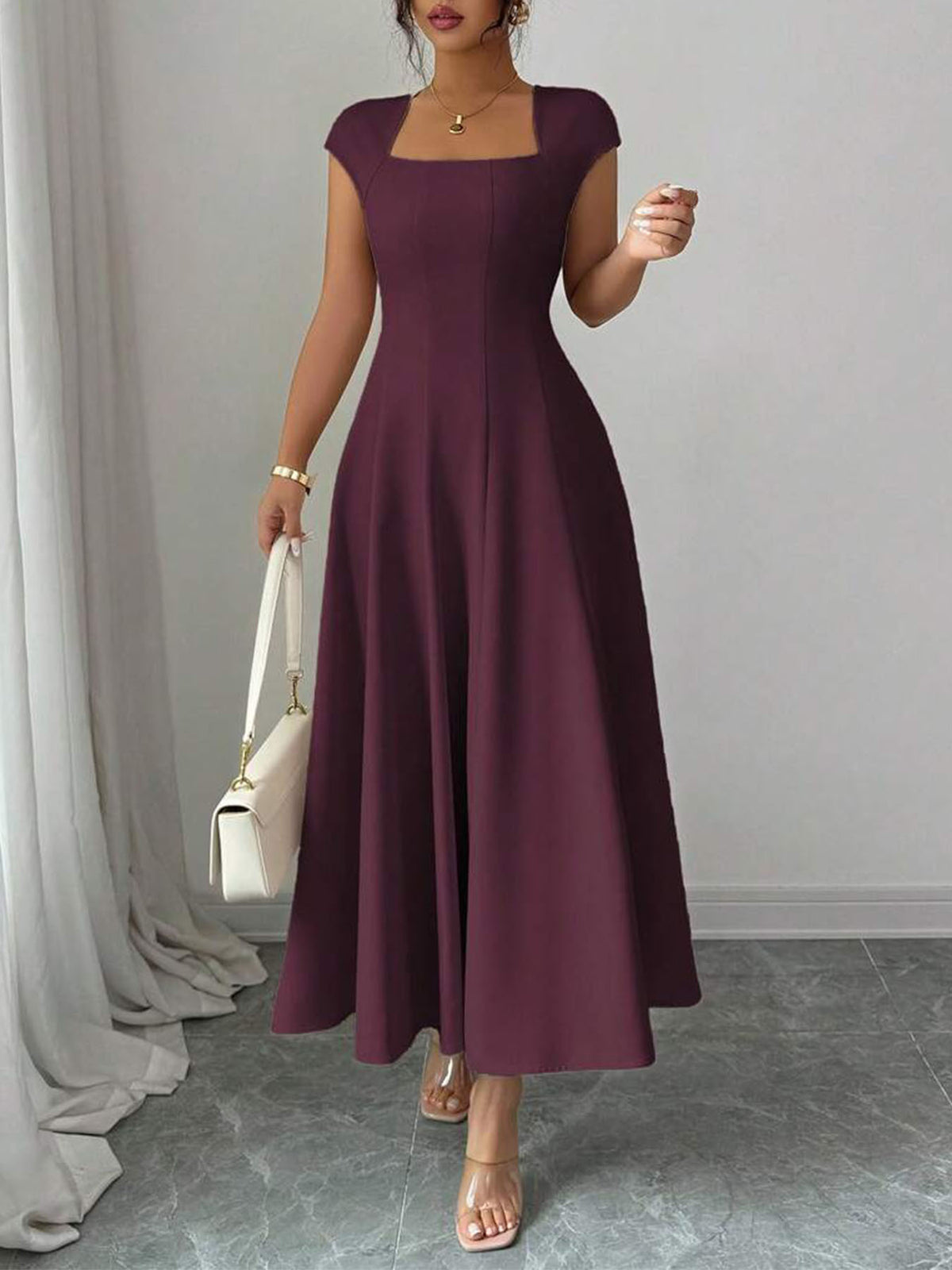 Elegant Square Neck Short-Sleeve Long Dress