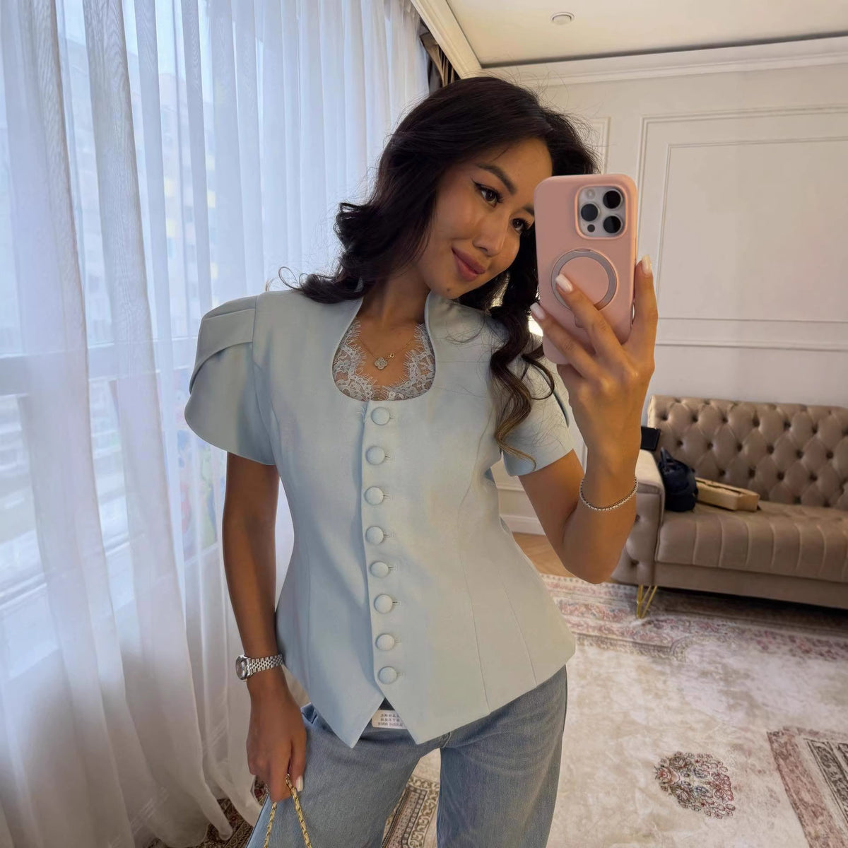 European and American Cross-Border Women's Clothing 2026 Summer New Style Elegant and Fashionable Design Lace Splicing Short-Sleeved Shirt Suit for Women