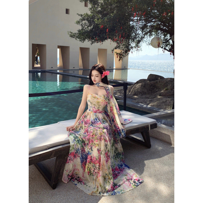 Xin Da Ke "Loving Summer" Floral Print Draped Strapless Dress with a Large Hem, Waist-Cinching Elegant Slim-Fit Long Dress