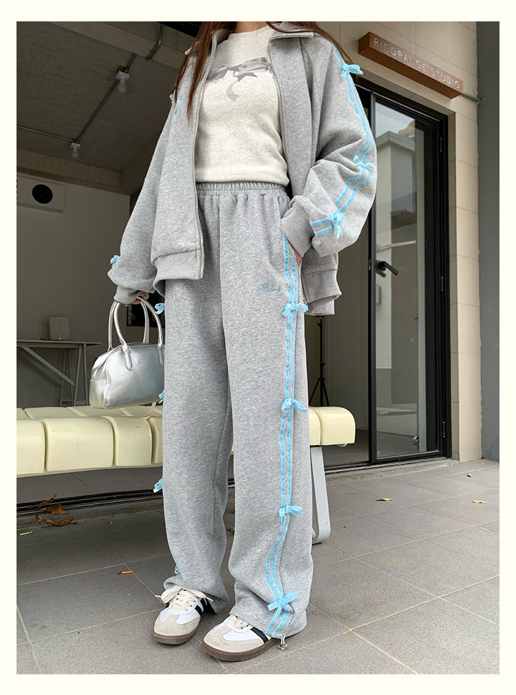 Hua Mian Academy Style Early Spring Wear Set 2024 New Bow Sports Casual Sweatshirt Coat Women's Straight Pants