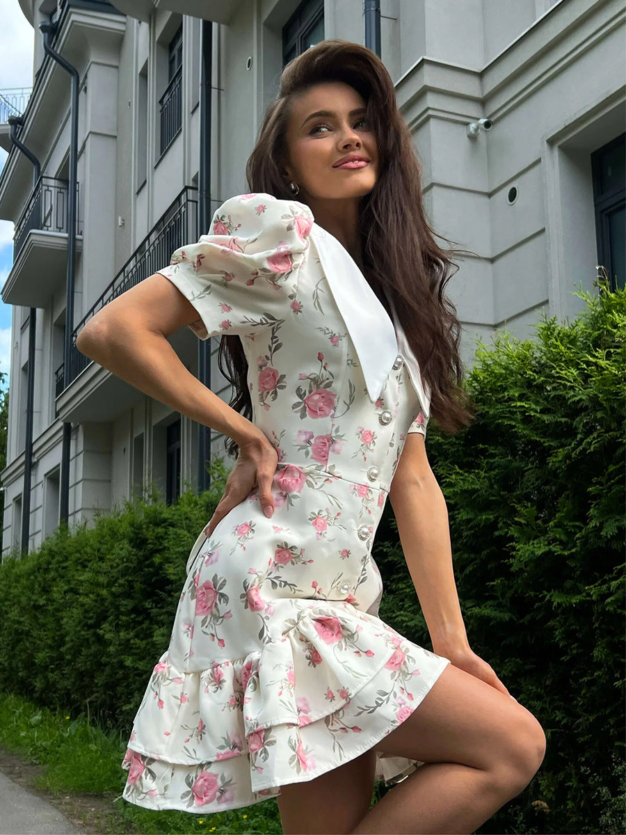 Cross-border French V-neck Puff Sleeve dress European and American 2025 Summer Waist Printed Skirt Ruffled dress