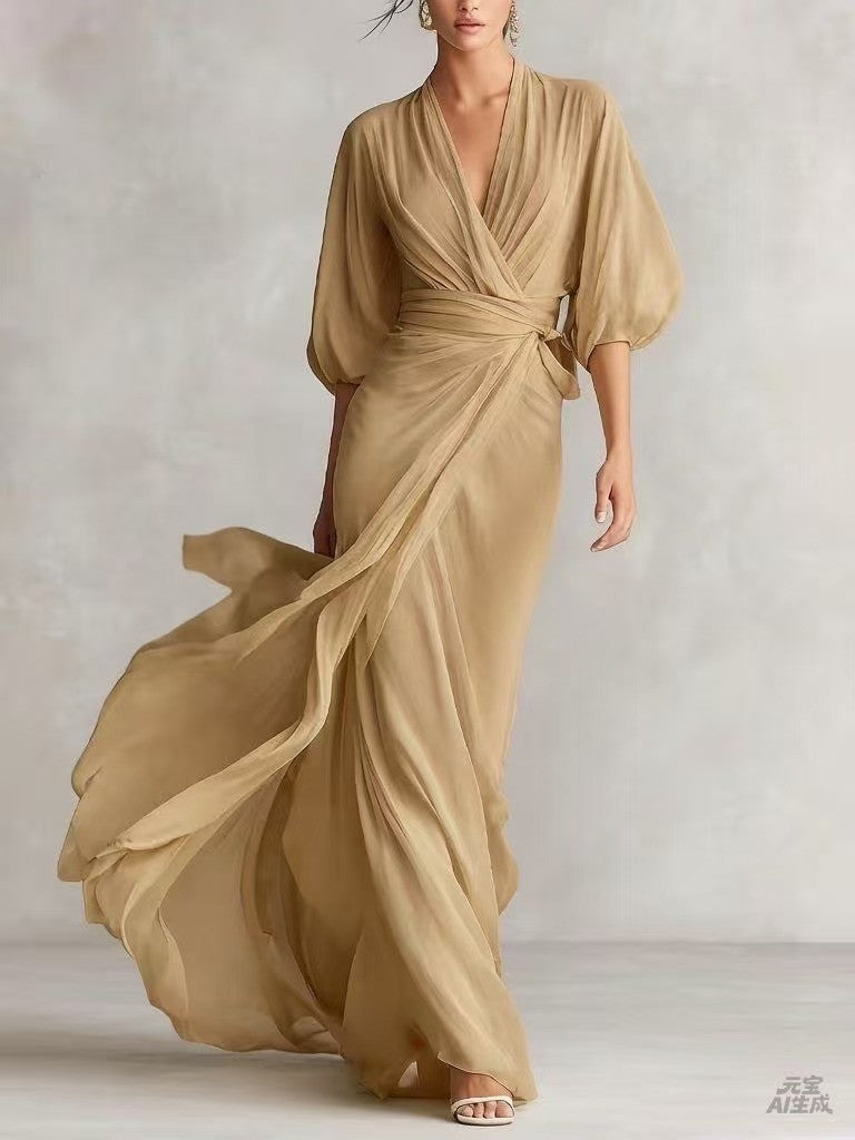 2026 European and American Amazon Socialite Deep V-Neck Long Dress with Lantern Sleeves and Cinched Waist for Romantic Autumn Banquets