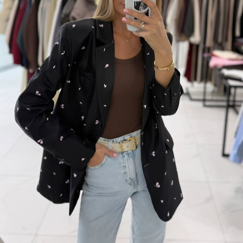 European and American Cross-Border Women's Clothing 2025 New Autum Fashion Sweet Floral Lace-Up Slim Long-Sleeved Suit Jacket Top