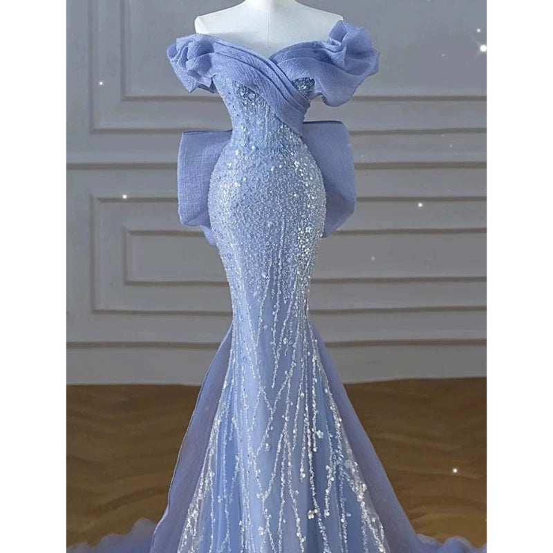 off-shoulder blue evening gown high-end light luxury niche fishtail sequins annual meeting host high-end sense tail vocal music