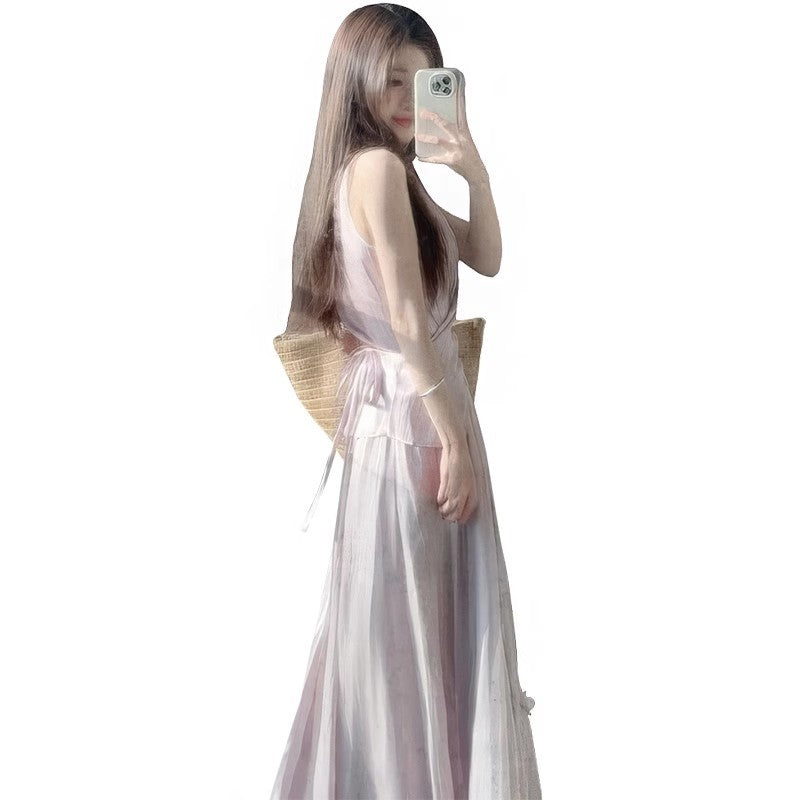 2025 Summer New Internet Celebrity Fried Street Women's Purple Slim-fit Sleeveless Top French Style High Waist Skirt
