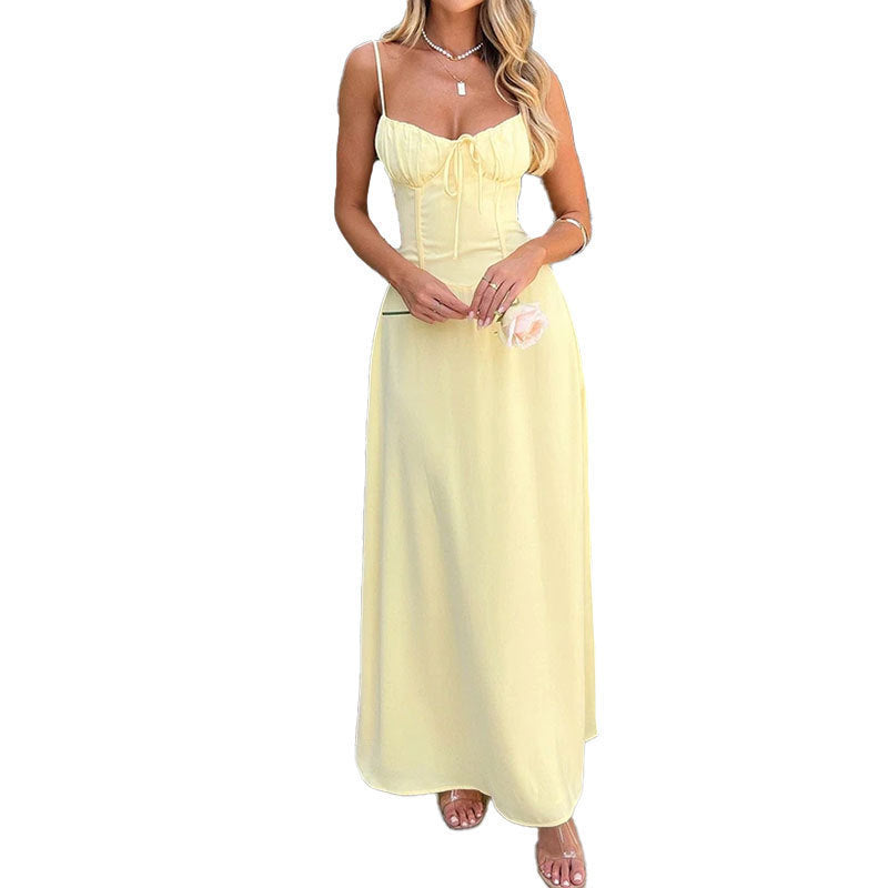 2025 Cross-Border European and American Export Women's Independent Station New Style Elegant Lace-Up A-Line Pure Color Mid-Length Dress