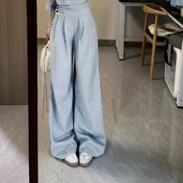 2026 New Korean-Style Gray Casual Sports Suit for Women, Summer Short Waist-Cinching Off-Shoulder Top and Wide-Leg Pants Two-Piece Set