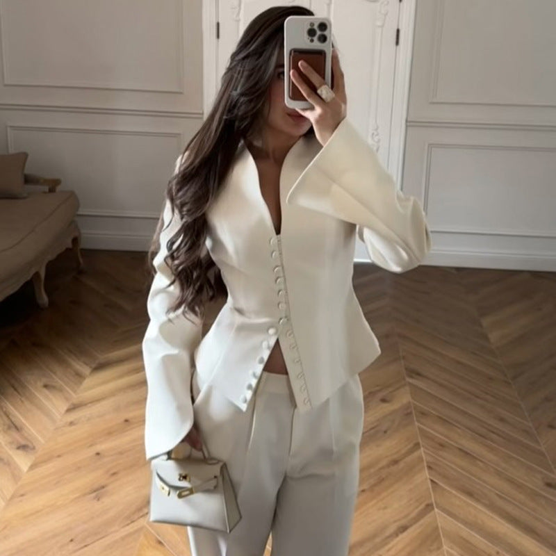 European and American Cross-Border Women's Fashion 2026 Spring New Style Elegant Deep V-Neck Single-Breasted Slim-Fit Short White Blazer Jacket