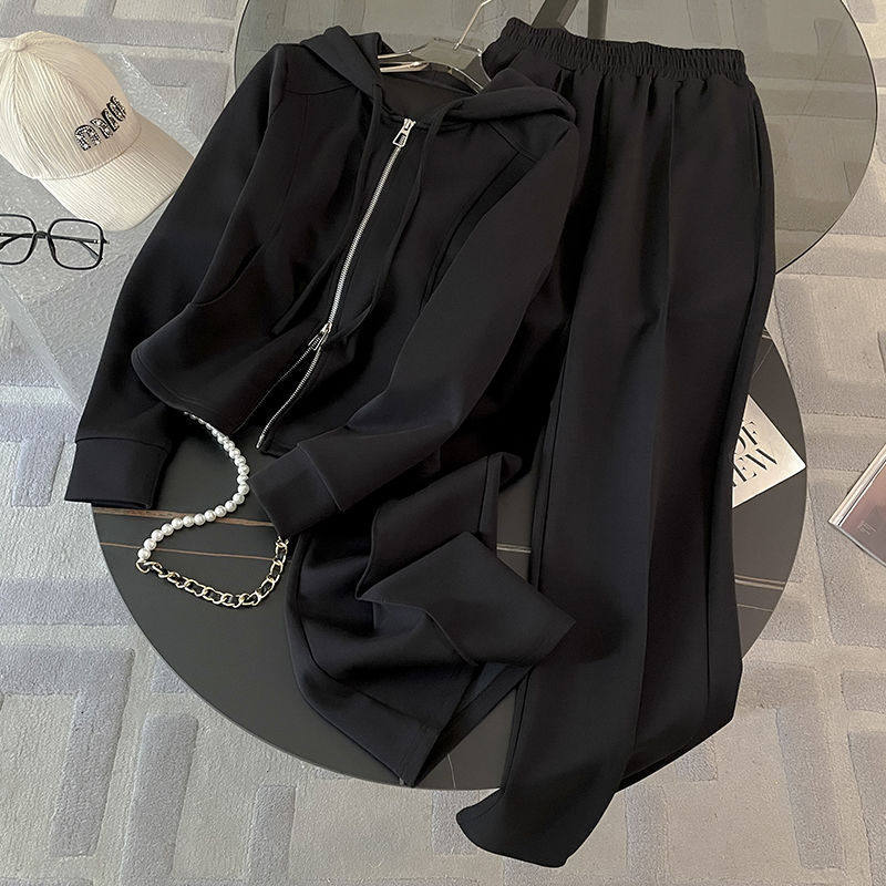 Elegant Casual Sports Suit for Women, Spring and Autumn Thin Style, Slim-Fit Long-Sleeve Hooded Sweatshirt, Wide-Leg Pants, Two-Piece Running Set