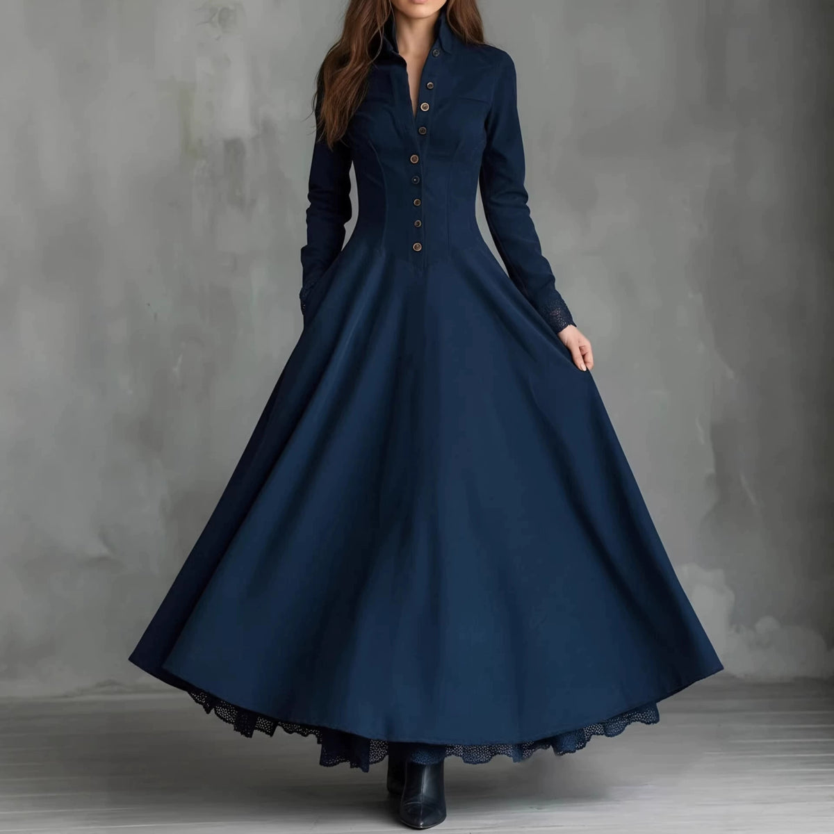 European and American Cross-Border 2025 Independent Site French Retro Style Faux Suede Lace Trim Patchwork Shirt Dress in Stock