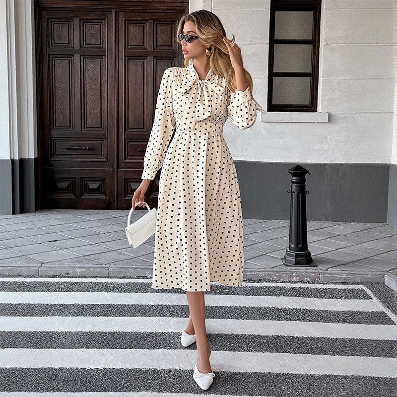 【Bai Fen Zhi Yi】Temu Cross-Border 2025 Autumn New Vintage Style Bow Collar Long Sleeve Polka Dot Dress