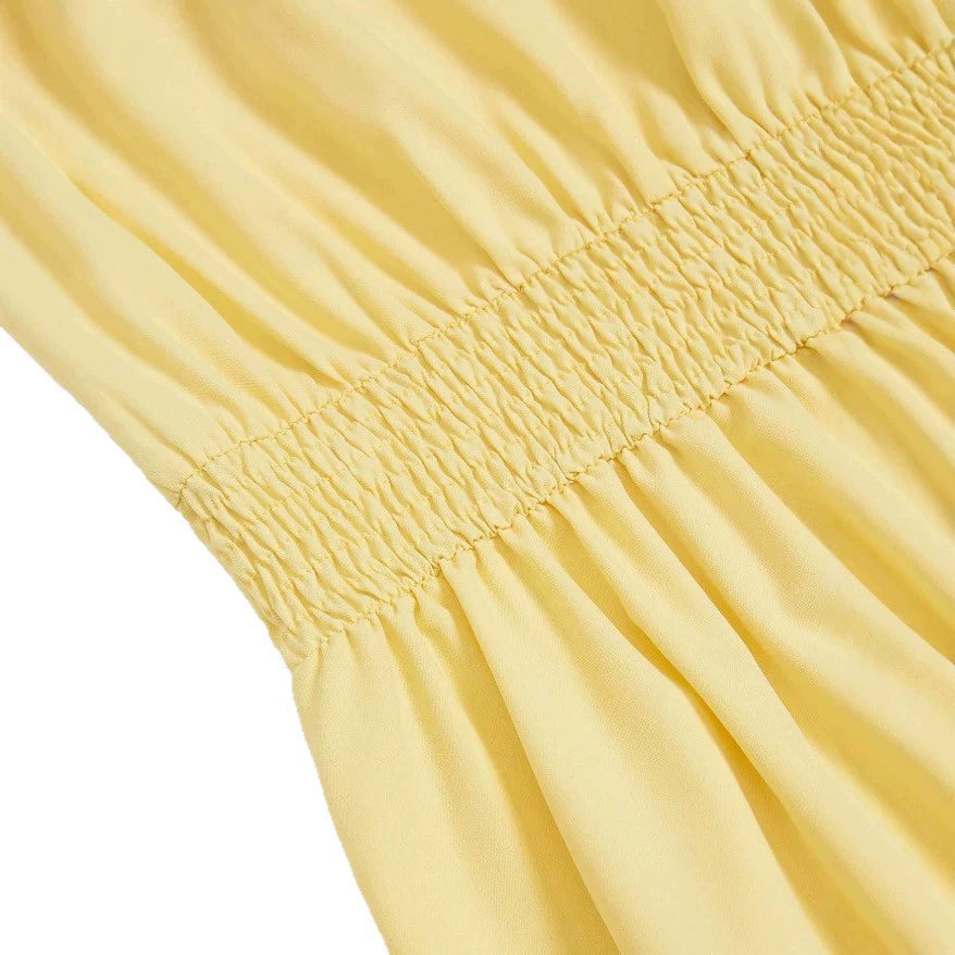 2026 New European and American Style Cream Yellow Square Neck Sleeveless Dress with Pearl Buttons, Waist-Cinching and Pleated Mid-Length Skirt