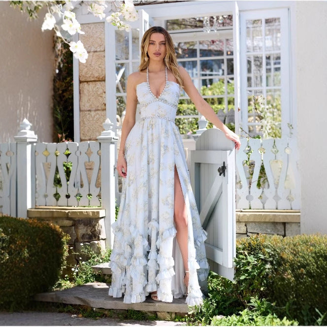 Amazon Spring and Summer Explosions Foreign Trade Women's Elegant Elegant dress Printed Slim-fit Large Swing Holiday Sling Long Dress