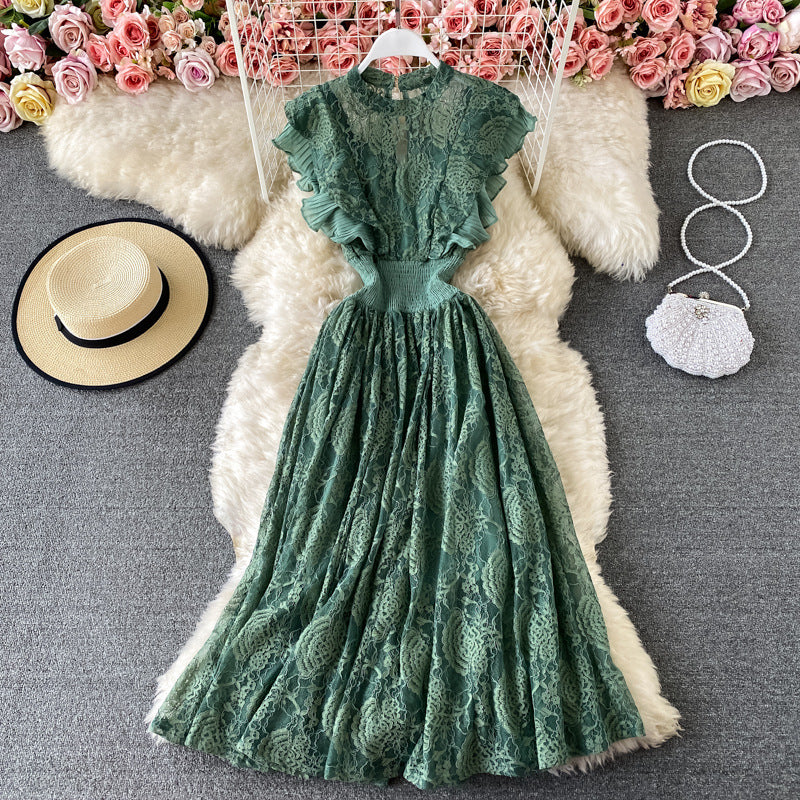 Free Shipping Spring and Autumn Lace Crewneck Dress Long-Sleeved Fashionable Slim-Fit Slimming Elegant Ruffled Long Dress