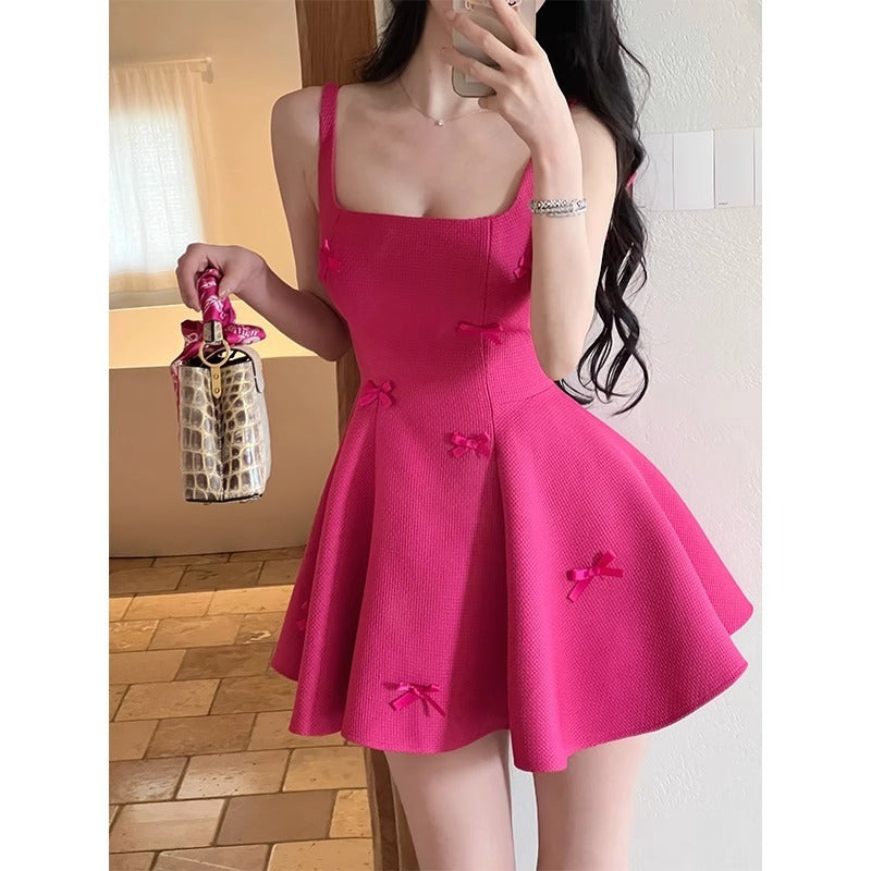 French-Style Elegant Dress for Petite Women, High-End Exquisite Princess Bow Dress with Spaghetti Straps