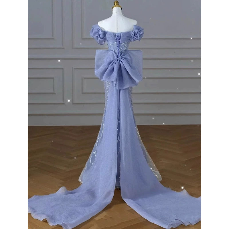 off-shoulder blue evening gown high-end light luxury niche fishtail sequins annual meeting host high-end sense tail vocal music