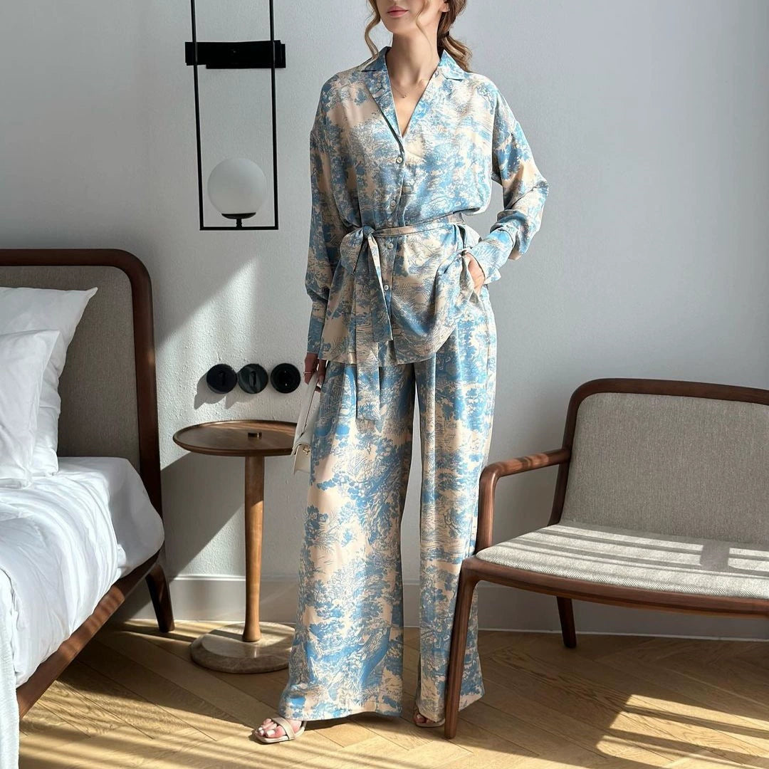 European and American Cross-border in stock 2025 Spring and Summer New Fashion French Printed Long-sleeved Lace-up Shirt High Waist Wide-leg Pants for Women