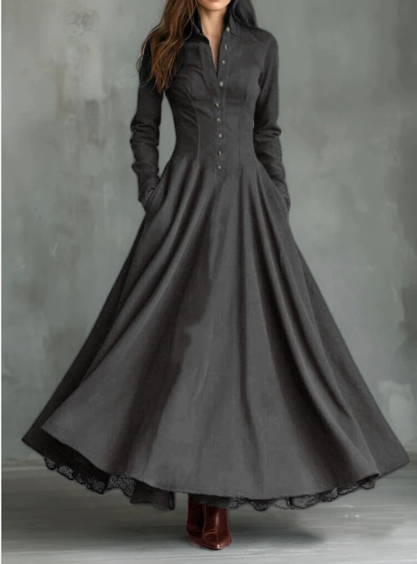 European and American Cross-Border 2025 Independent Site French Retro Style Faux Suede Lace Trim Patchwork Shirt Dress in Stock