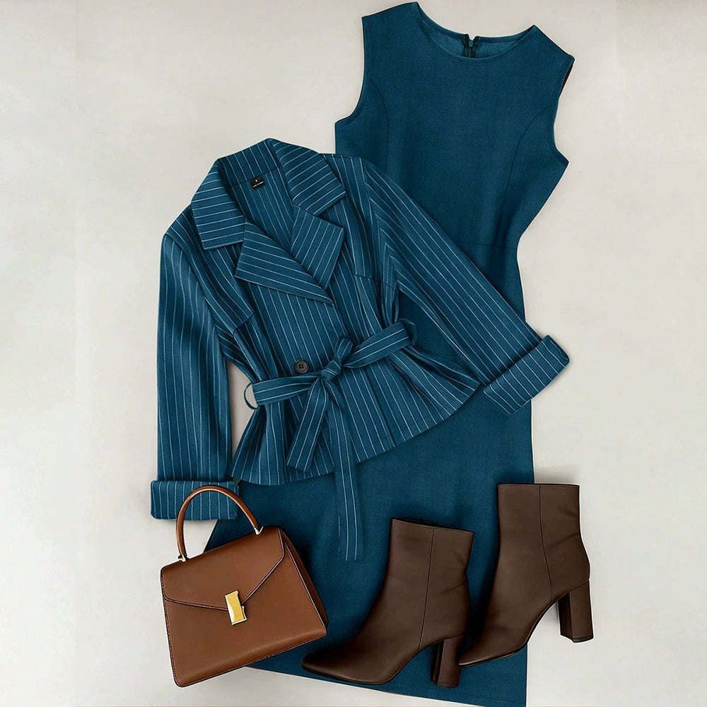 Cross-Border European and American Style 2026 Spring New Women's Two-Piece Set: Tie-Waist Blazer + Solid Color Skirt Set