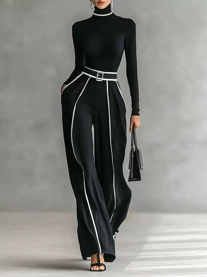 2025 New Autumn and Winter Elegant Stand-Up Collar Contrasting Color Hemming Waist Slimming Look Long-Sleeved Knitted + Wide-Leg Pants Two-Piece Set