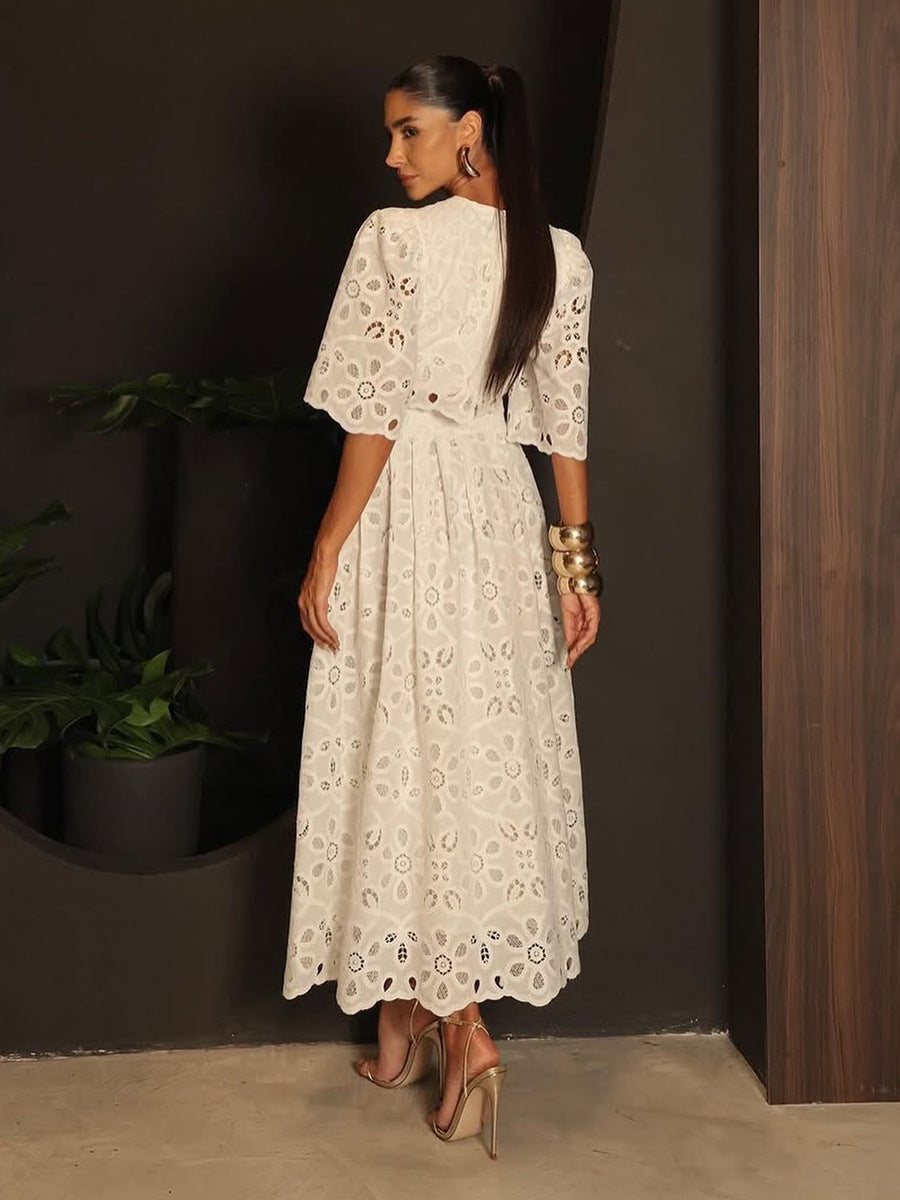 French Palace-Style Floral Hollow-Out Two-Piece Set 2026 New Model Round-Neck Short-Sleeve Top + High-Waisted Skirt