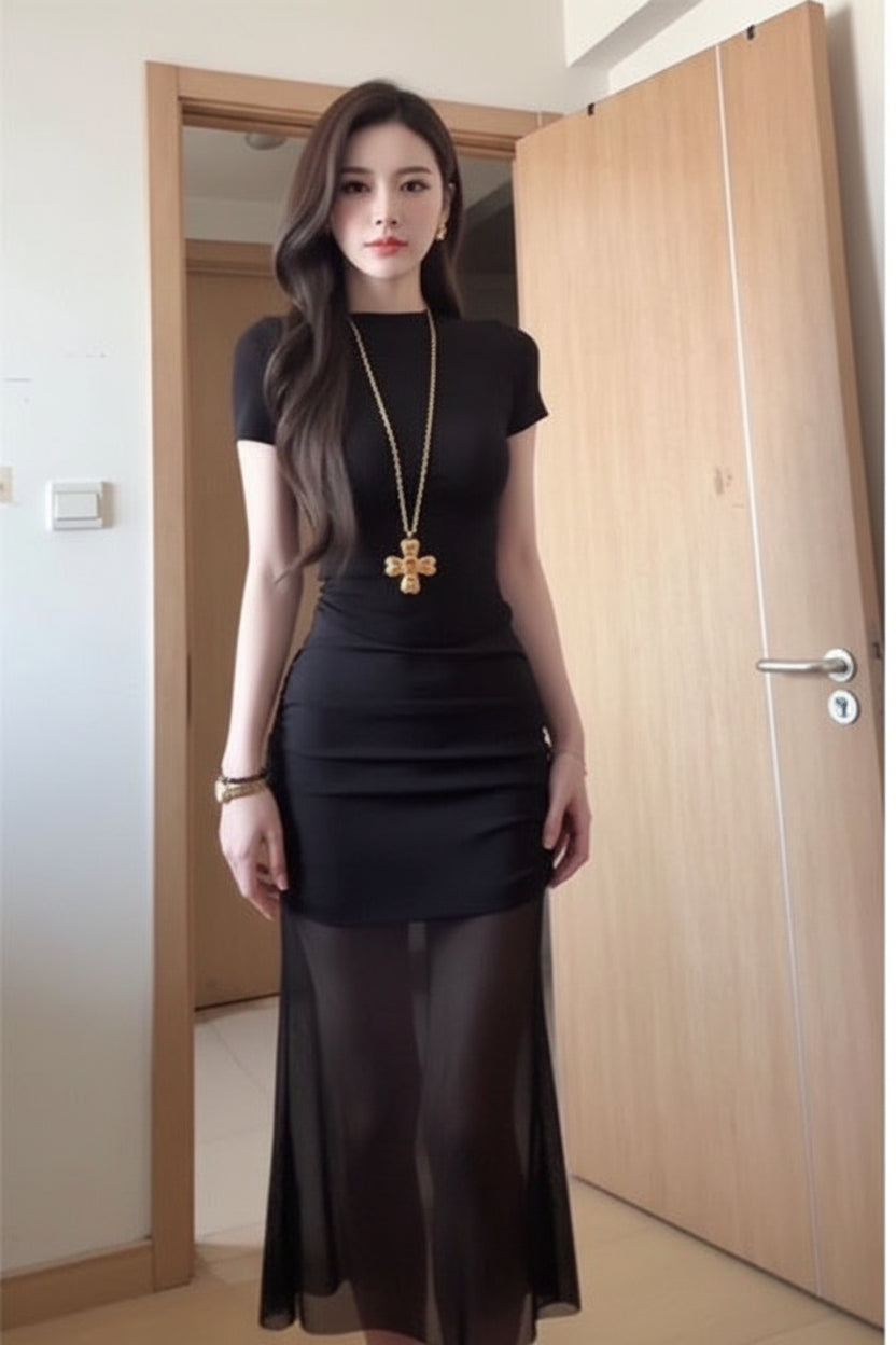 Black Mesh Splicing Dress Women's Summer New Design Niche Sexy Temperament Slim Hip-Hugging Long Skirt