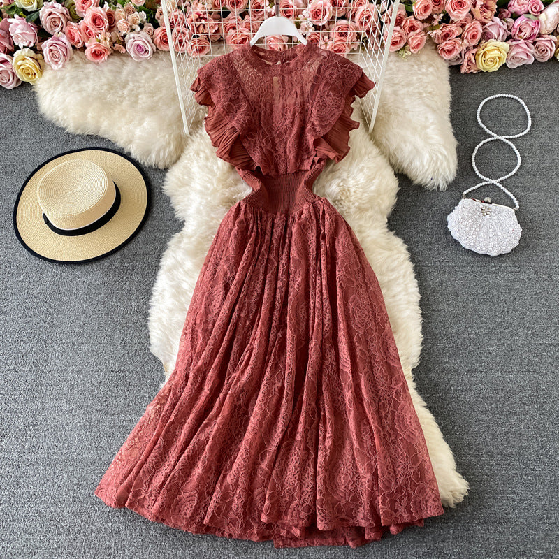 Free Shipping Spring and Autumn Lace Crewneck Dress Long-Sleeved Fashionable Slim-Fit Slimming Elegant Ruffled Long Dress