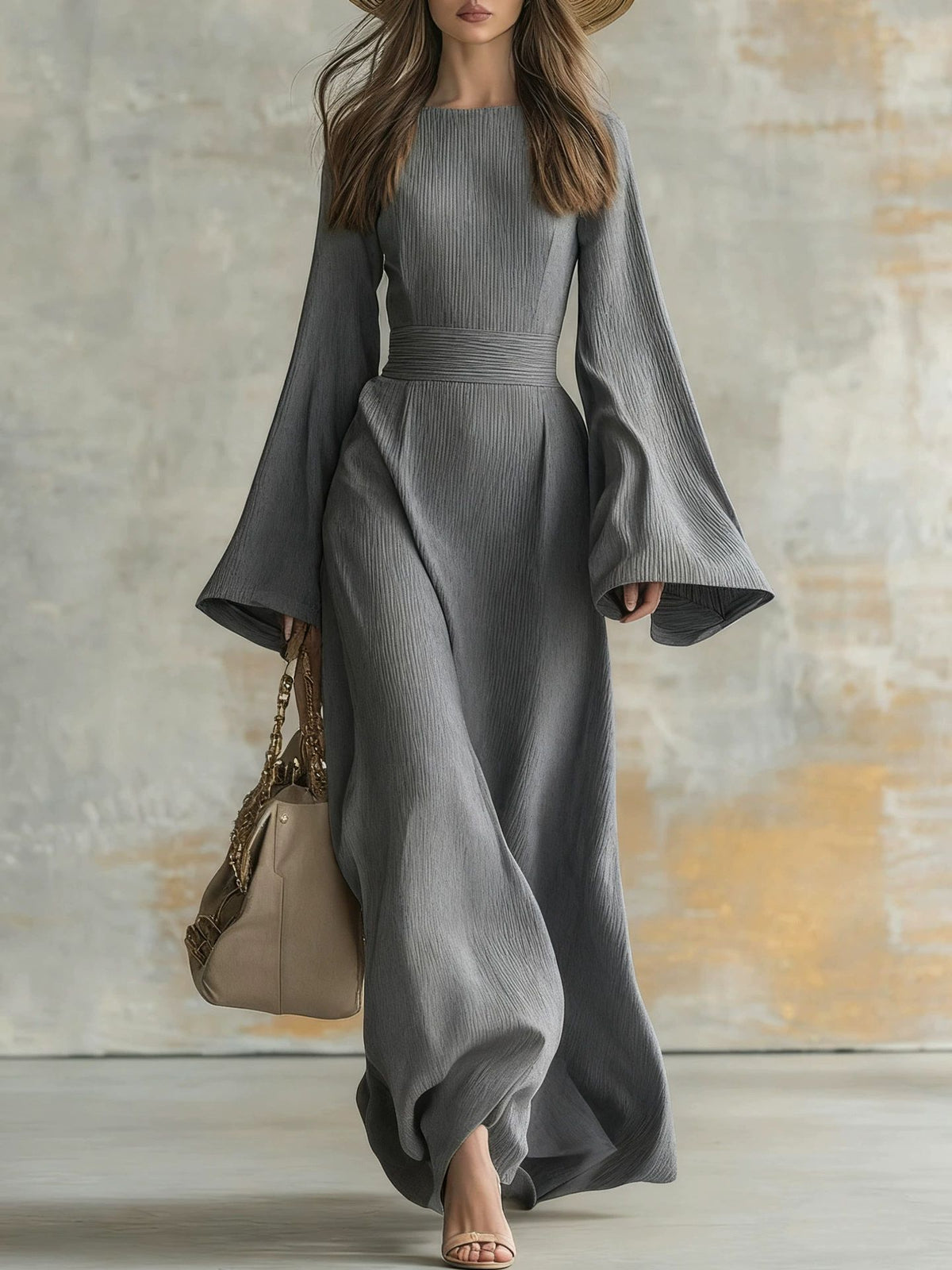 Di Yun European and American Style Elegant Solid Color Long-Sleeve Gown Dress Women's Clothing 2025 Autumn and Winter Amazon Independent Site