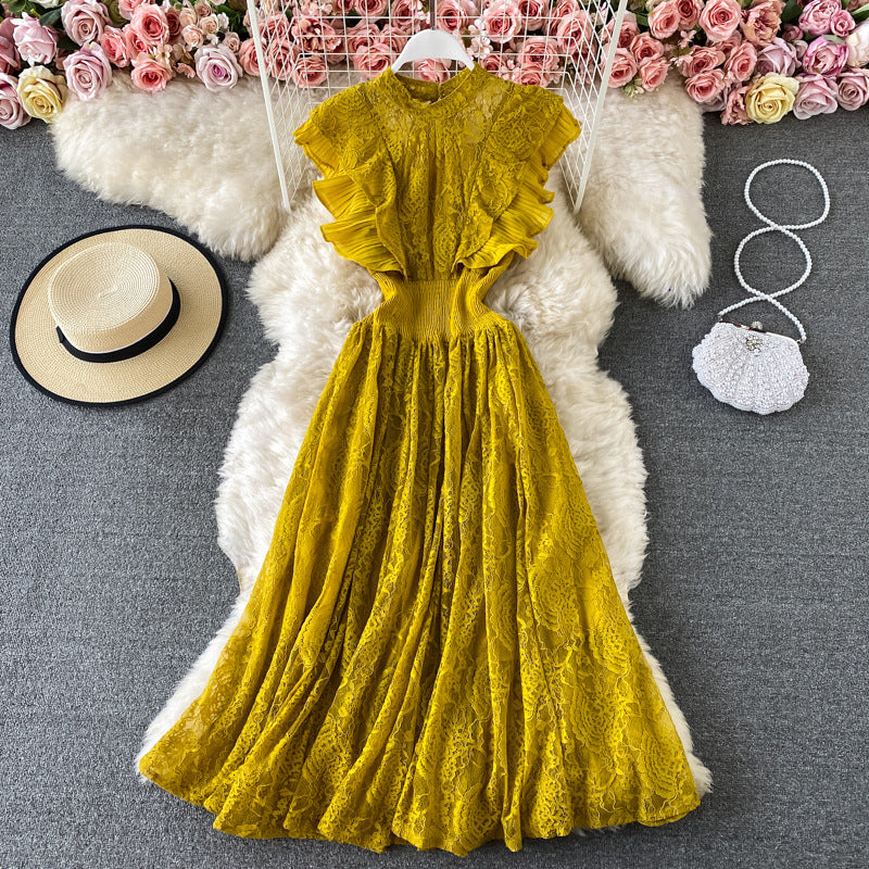 Free Shipping Spring and Autumn Lace Crewneck Dress Long-Sleeved Fashionable Slim-Fit Slimming Elegant Ruffled Long Dress