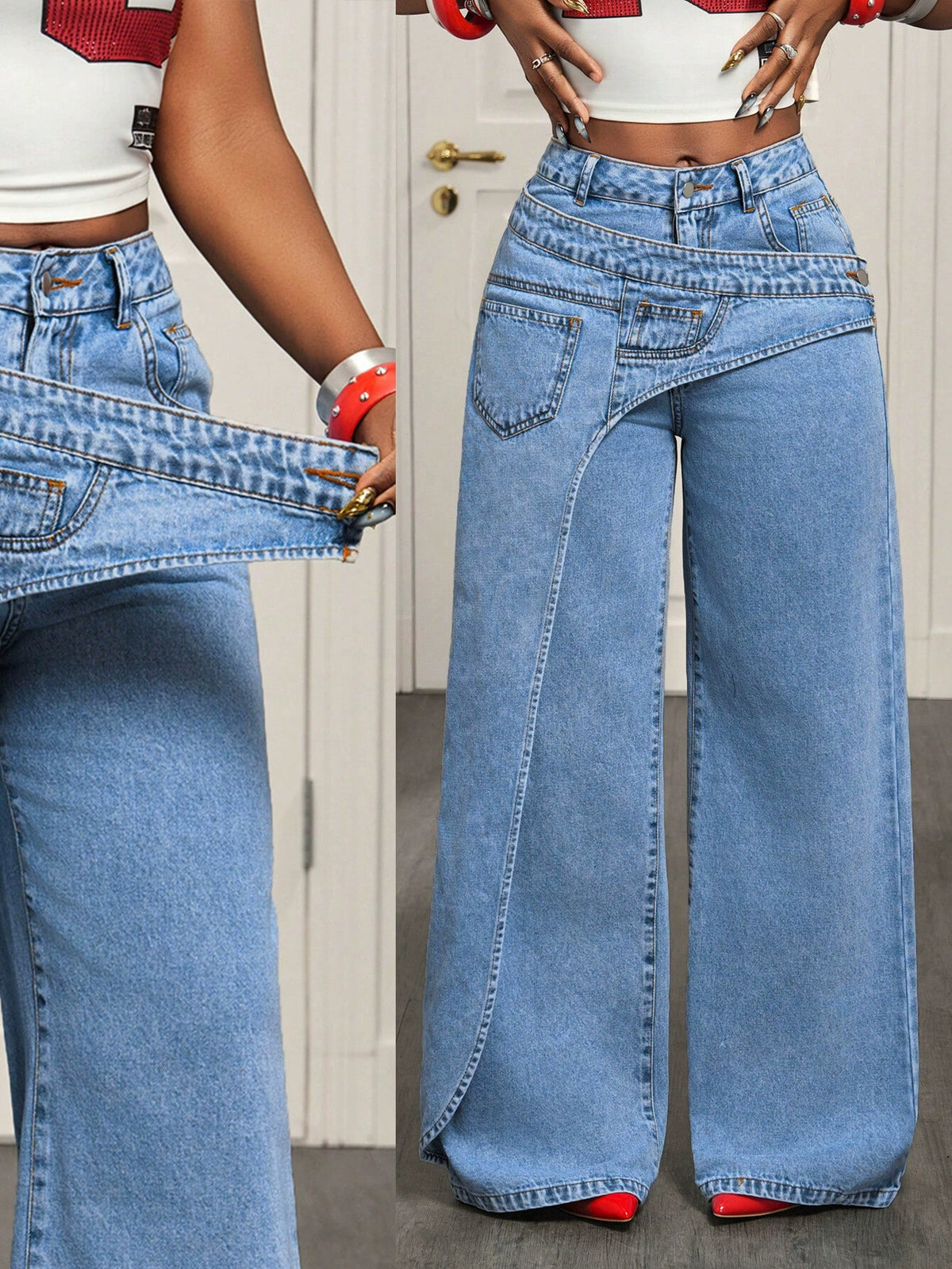 X-Spot Goods-66537 # Amazon Cross-Border European and American Versatile Casual Irregular Women's Wide-Leg Jeans Long Pants