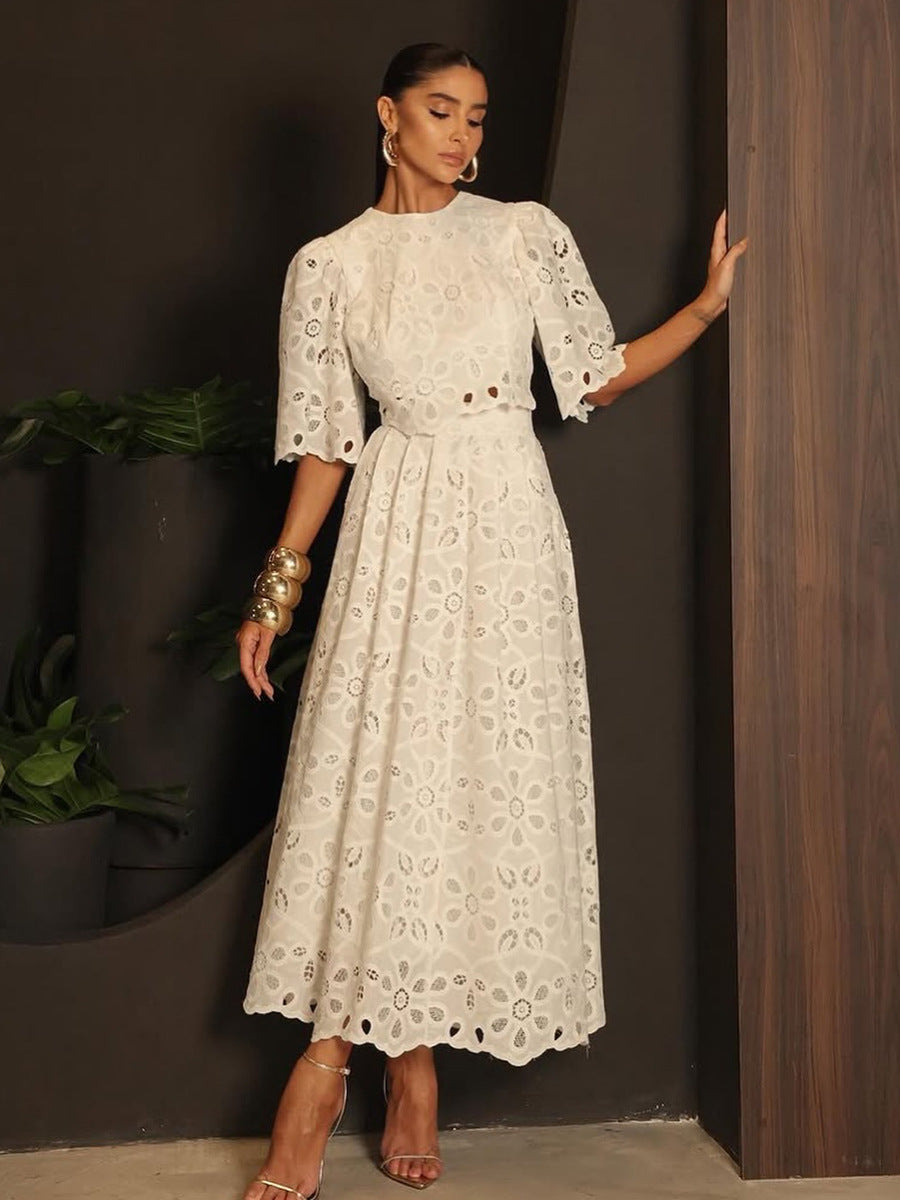 French Palace-Style Floral Hollow-Out Two-Piece Set 2026 New Model Round-Neck Short-Sleeve Top + High-Waisted Skirt