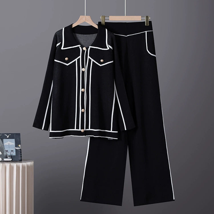 High-quality tweed-style two-piece set with a contrasting color design, featuring a metal buckle, a collared knitted cardigan jacket, and straight-leg trousers