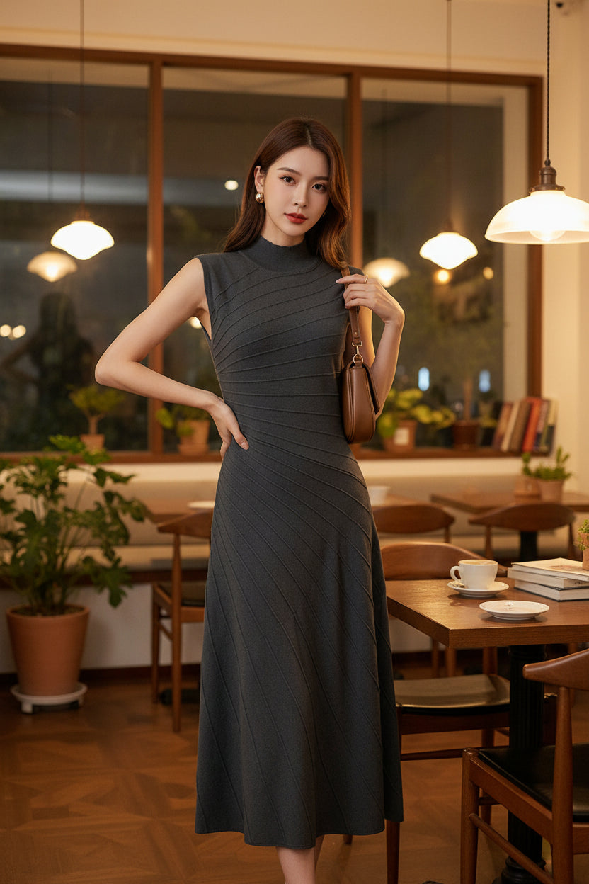 High-End Al Brand Classic Black 2025 Autumn/Winter New French Niche Minimalist Pleated Irregular Dress