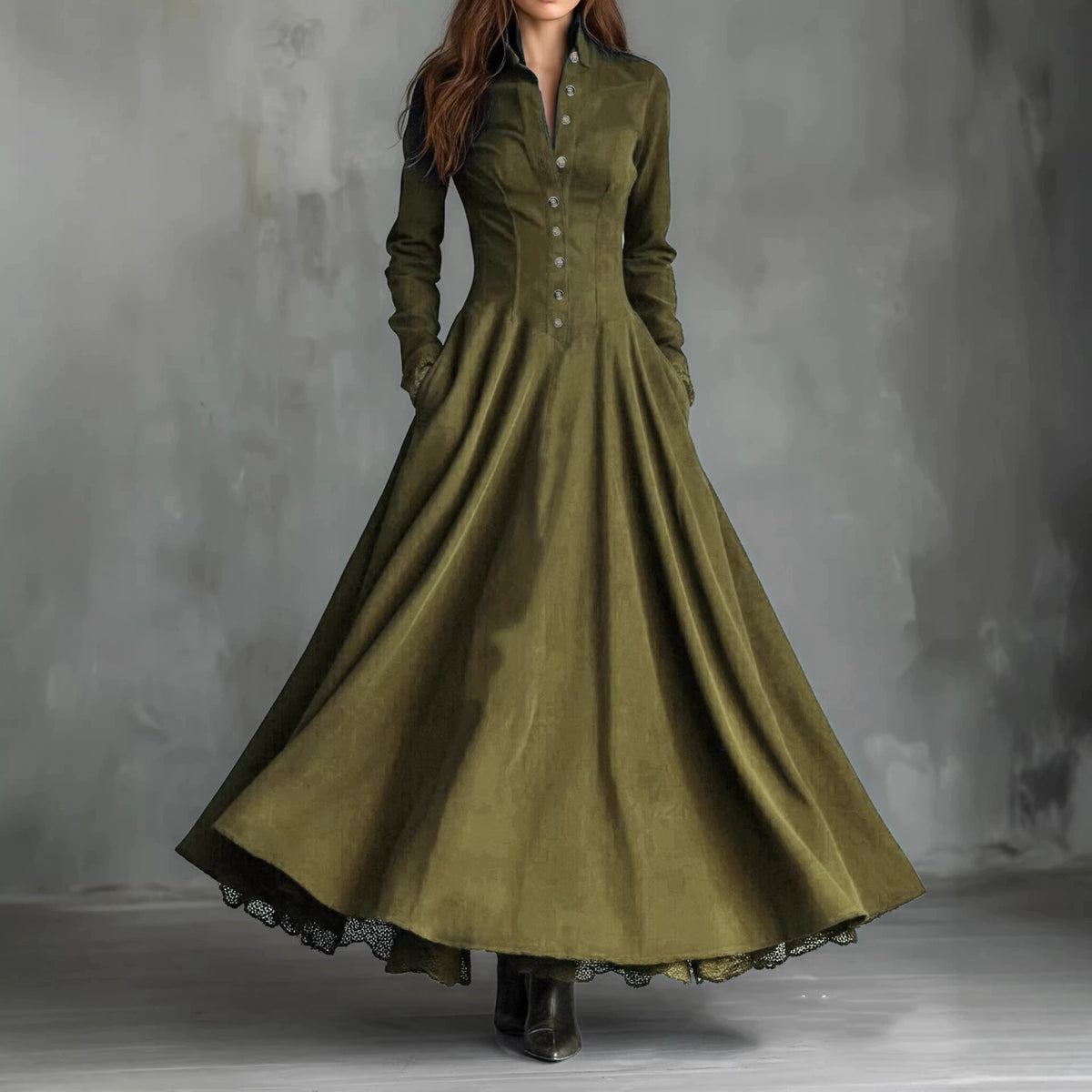 European and American Cross-Border 2025 Independent Site French Retro Style Faux Suede Lace Trim Patchwork Shirt Dress in Stock