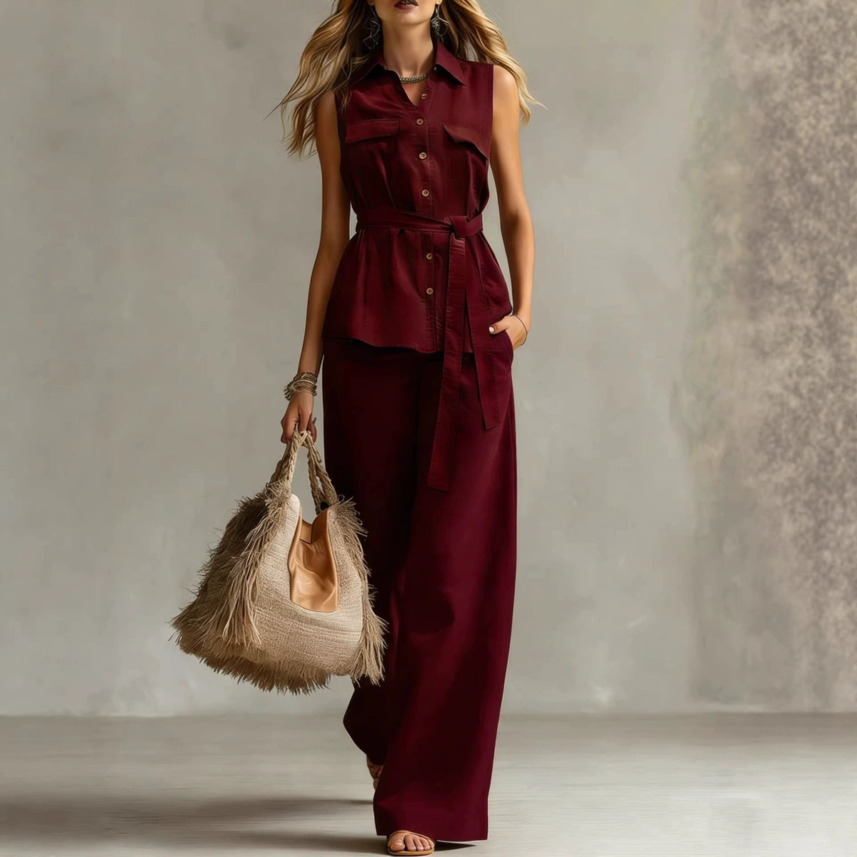 2026 New Spring and Summer European and American Cross-Border Comfortable Casual Style Sleeveless Tie-Waist Shirt and Long Pants Set for Women