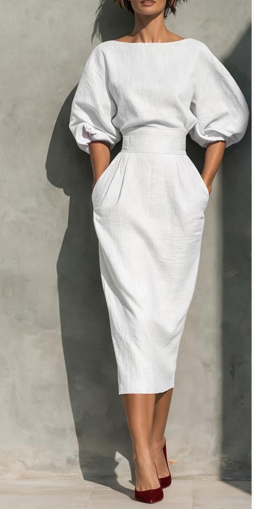 Spring and Autumn Style Women's Elegant Boat-Neck A-Line Dress with Puff-Sleeve Top and High-Waisted Pleated Skirt, Showcasing a Vintage Look