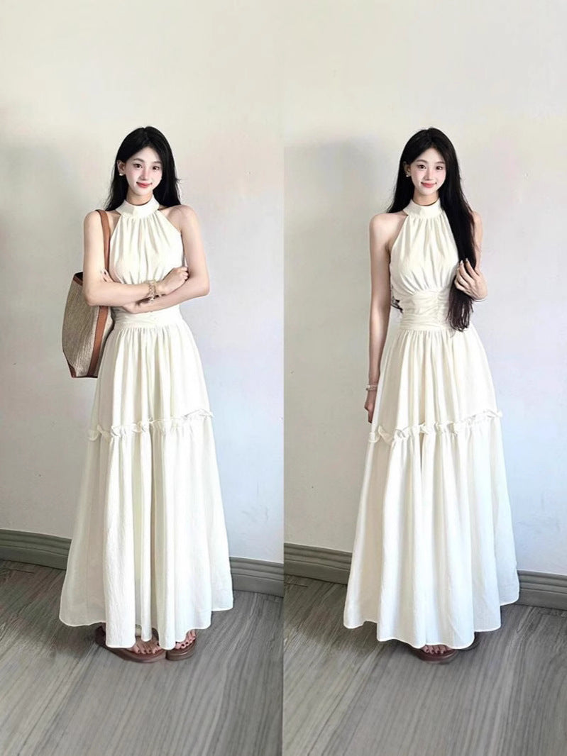 Seaside Resort Style White Sleeveless Halterneck Dress Women's Summer Design Waist Slimming Long Skirt