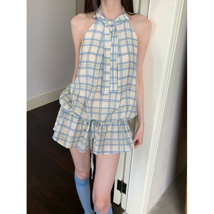 French-Style High-End Plaid Halter Neck Dress for Women, Sleeveless Summer Hot Girl Style, 2025 New French-Style Tank Dress