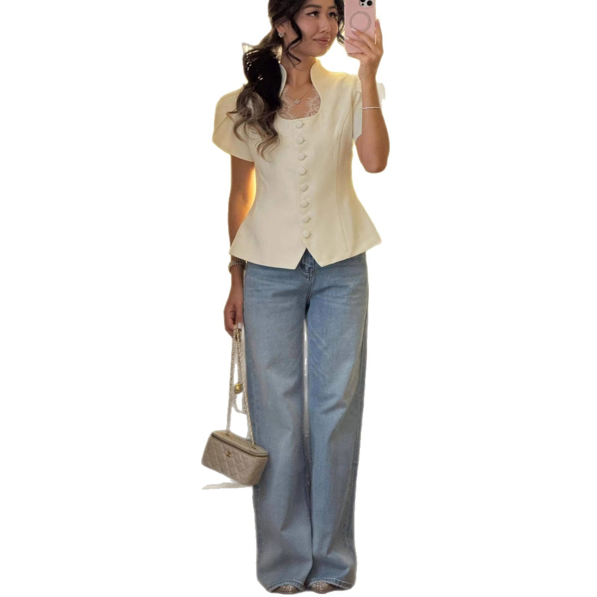 European and American Cross-Border Women's Clothing 2026 Summer New Style Elegant and Fashionable Design Lace Splicing Short-Sleeved Shirt Suit for Women