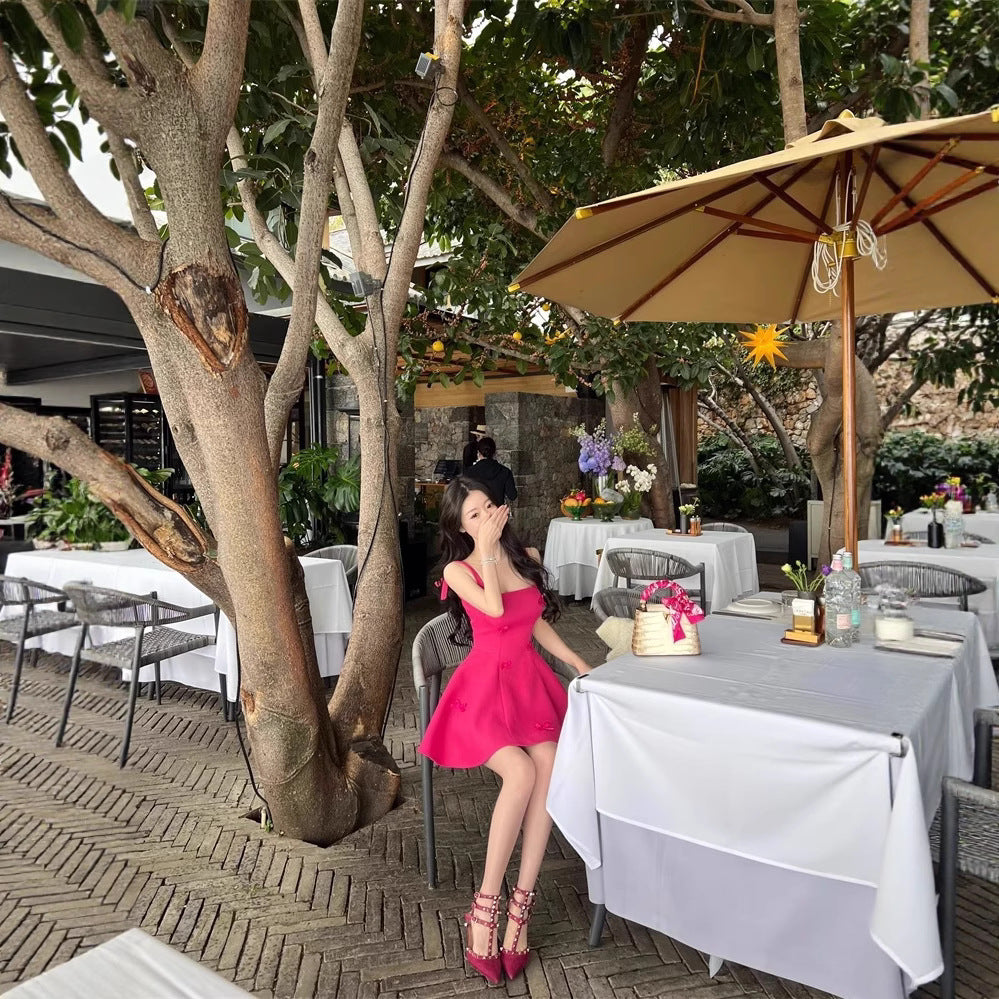 French-Style Elegant Dress for Petite Women, High-End Exquisite Princess Bow Dress with Spaghetti Straps