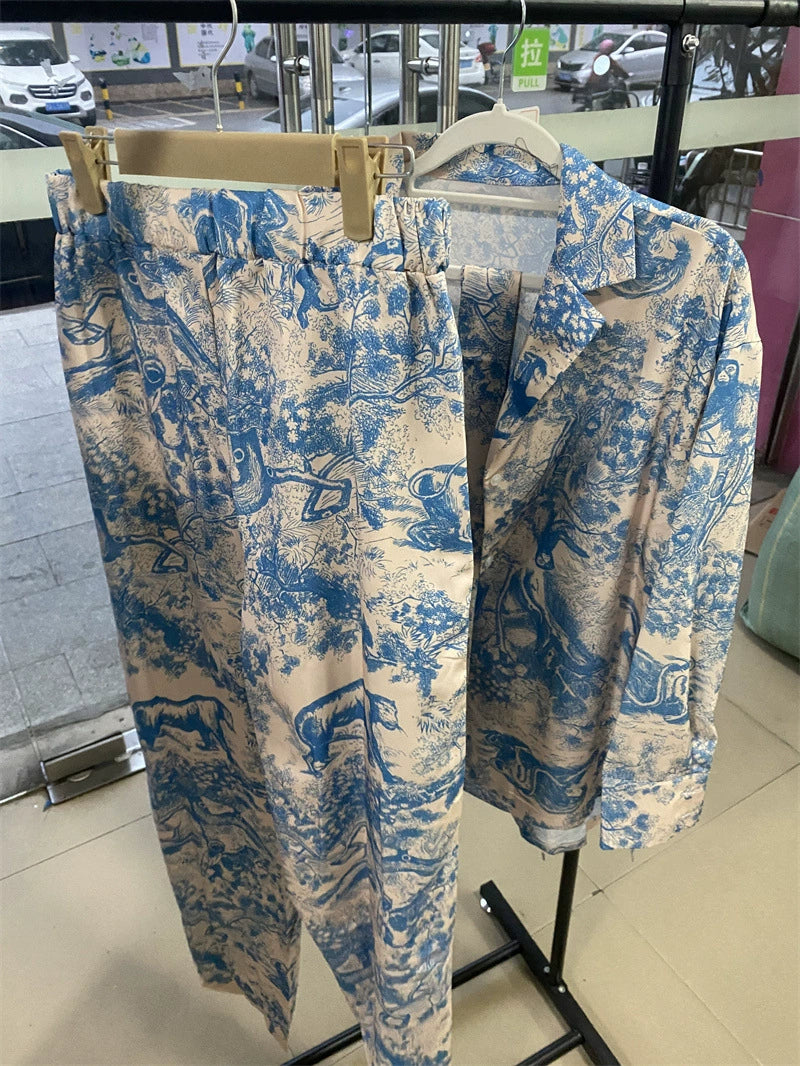 European and American Cross-border in stock 2025 Spring and Summer New Fashion French Printed Long-sleeved Lace-up Shirt High Waist Wide-leg Pants for Women