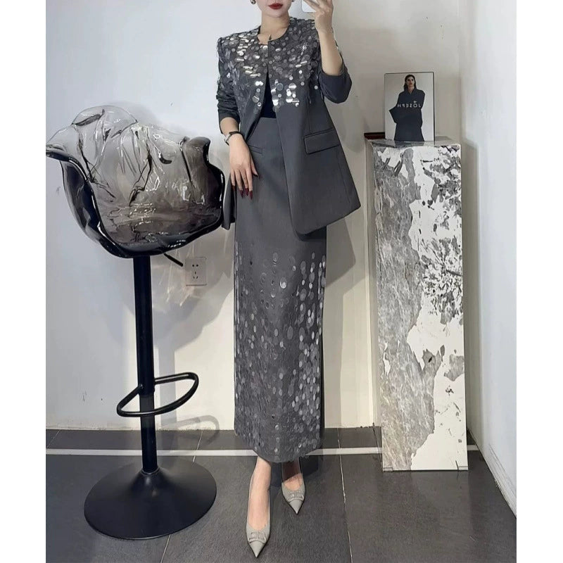 2026 Spring and Autumn New Fashion Set with a Stylish Design, Sequined Loose Round Neck Blazer and Skirt Two-Piece Trendy Set