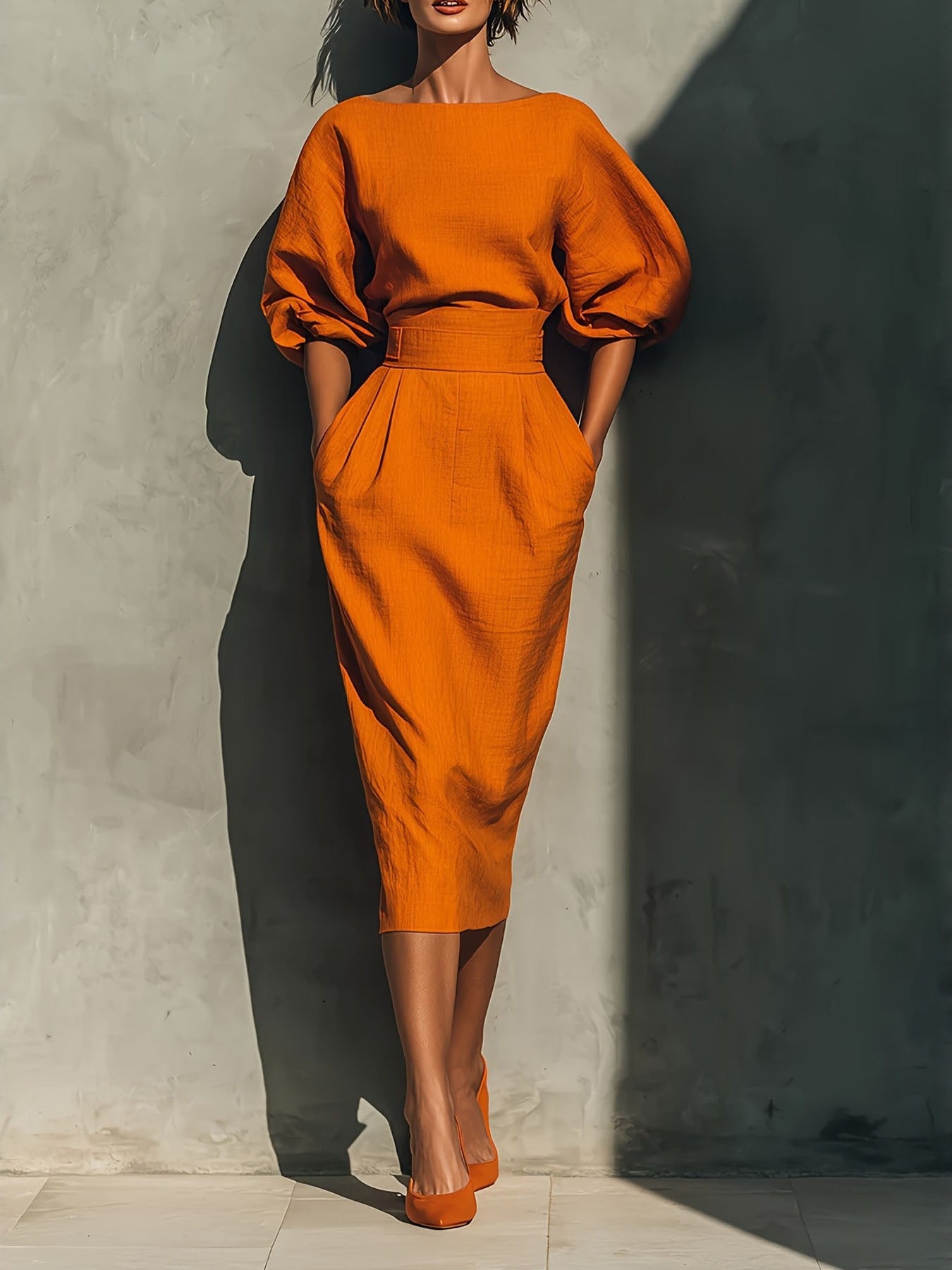 Spring and Autumn Style Women's Elegant Boat-Neck A-Line Dress with Puff-Sleeve Top and High-Waisted Pleated Skirt, Showcasing a Vintage Look