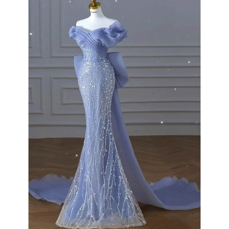 off-shoulder blue evening gown high-end light luxury niche fishtail sequins annual meeting host high-end sense tail vocal music