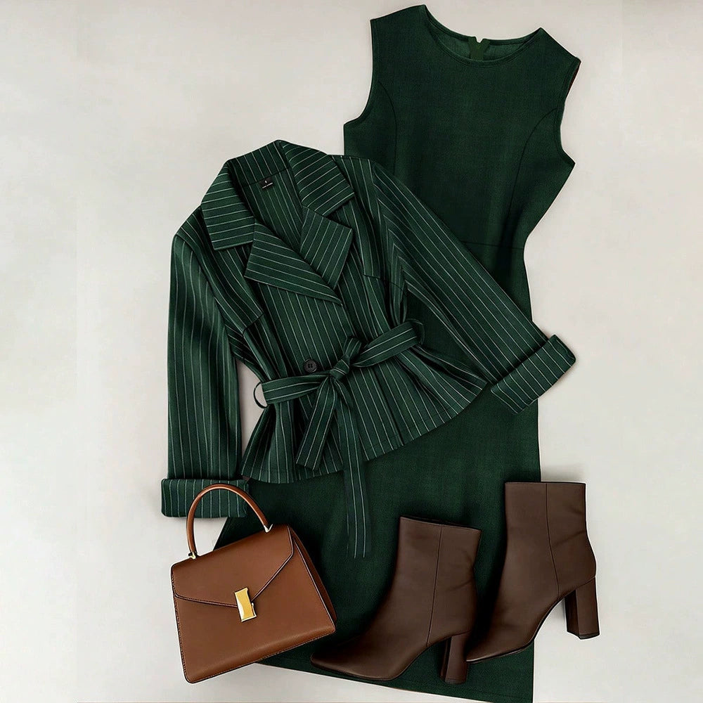 Cross-Border European and American Style 2026 Spring New Women's Two-Piece Set: Tie-Waist Blazer + Solid Color Skirt Set