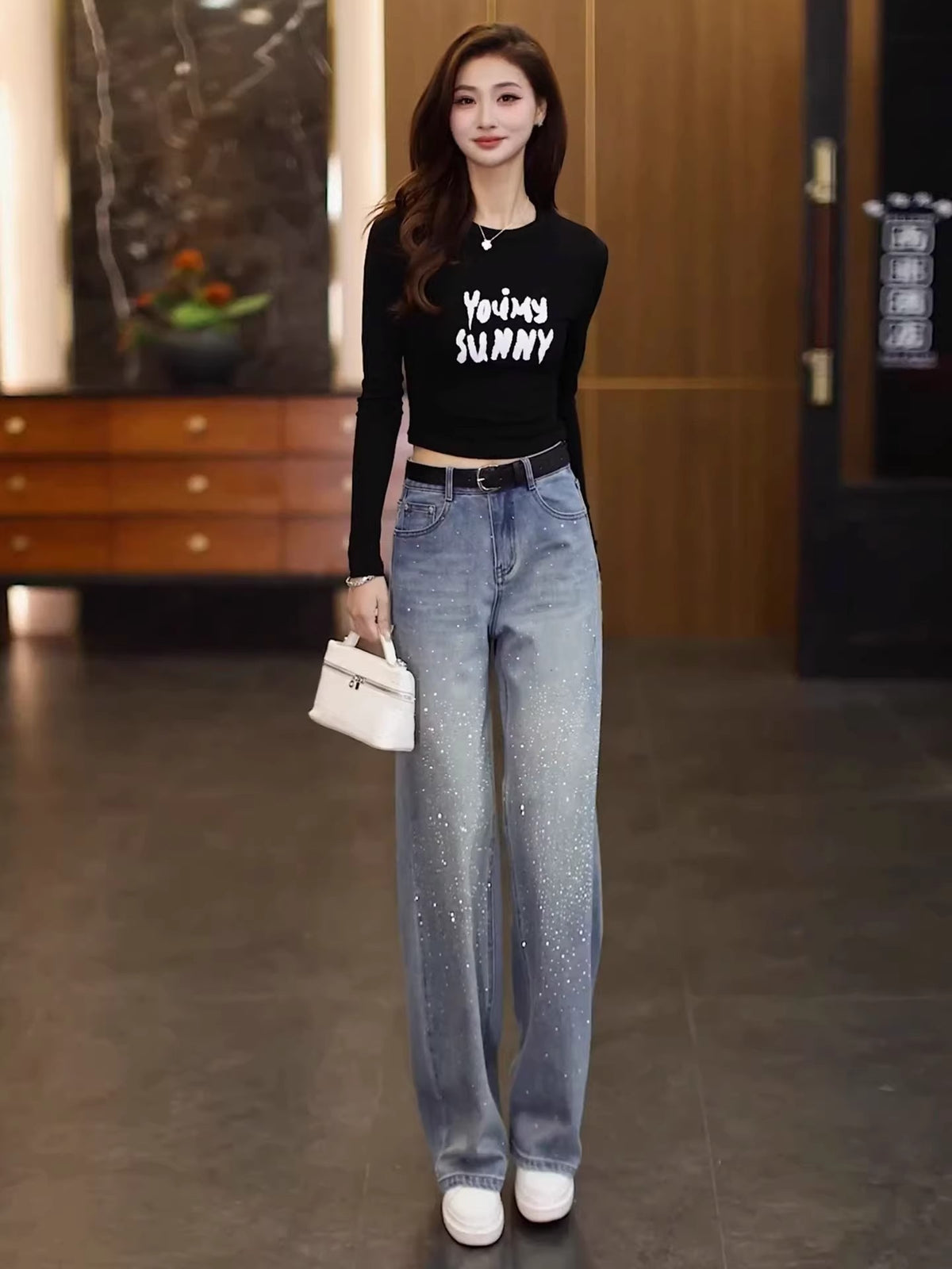 Rhinestone Wide-Leg Jeans for Women, Spring 2026 New Design, Trendy High-Waisted Loose Narrow-Cut Drape Straight Pants