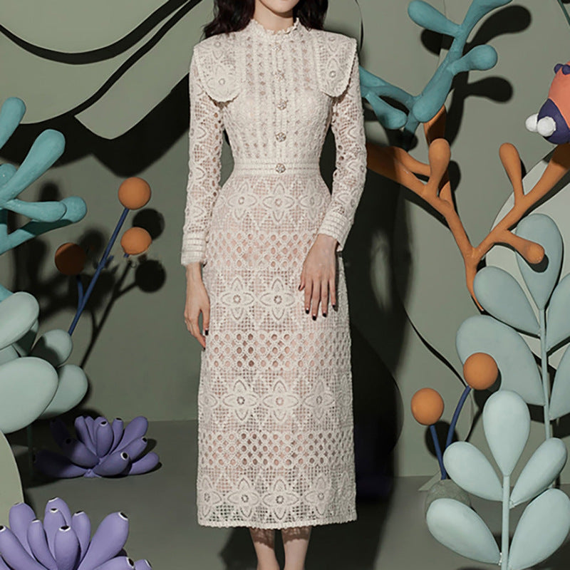 Vietnamese Niche Autumn and Winter Dress 2026 New Style Elegant Long-Sleeve Waist-Cinching Hollow-Out Design Lace Long Dress 9884