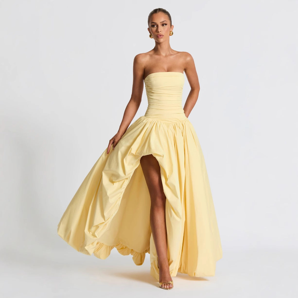 2025 Summer New Product Fresh Elegant Pure Color Lace-Up Low-Cut Slim Waist Pleated Tutu Skirt Suspender Dress