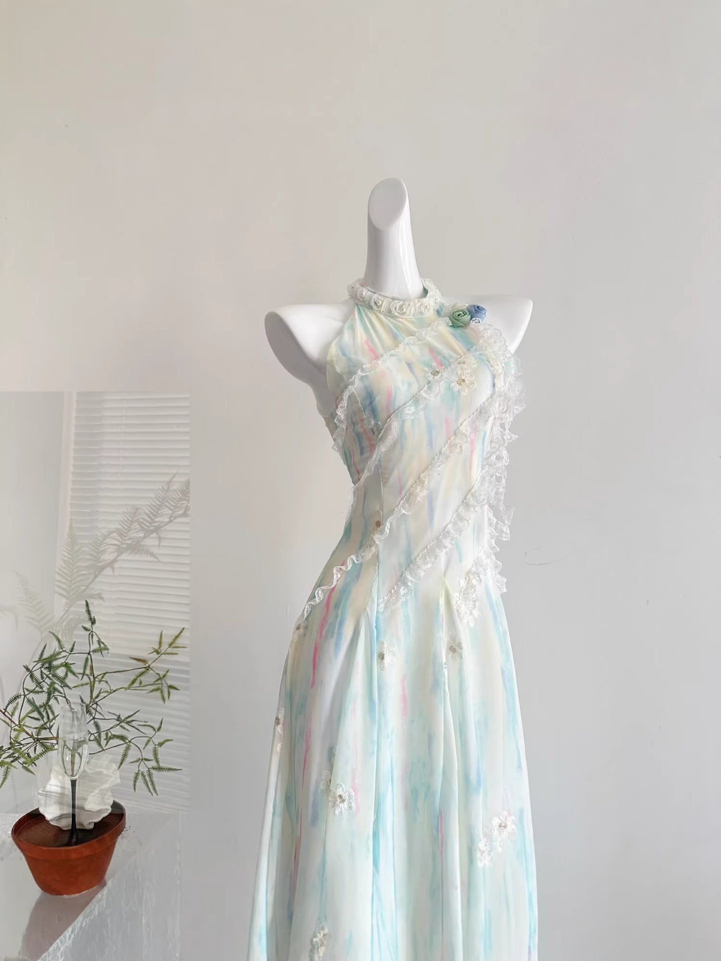 "Xinxing" Reese Jasmine Green Summer Fairy-Like Sweet Slimming Waist-Cinching Long Dress Vacation Style Slimming Dress